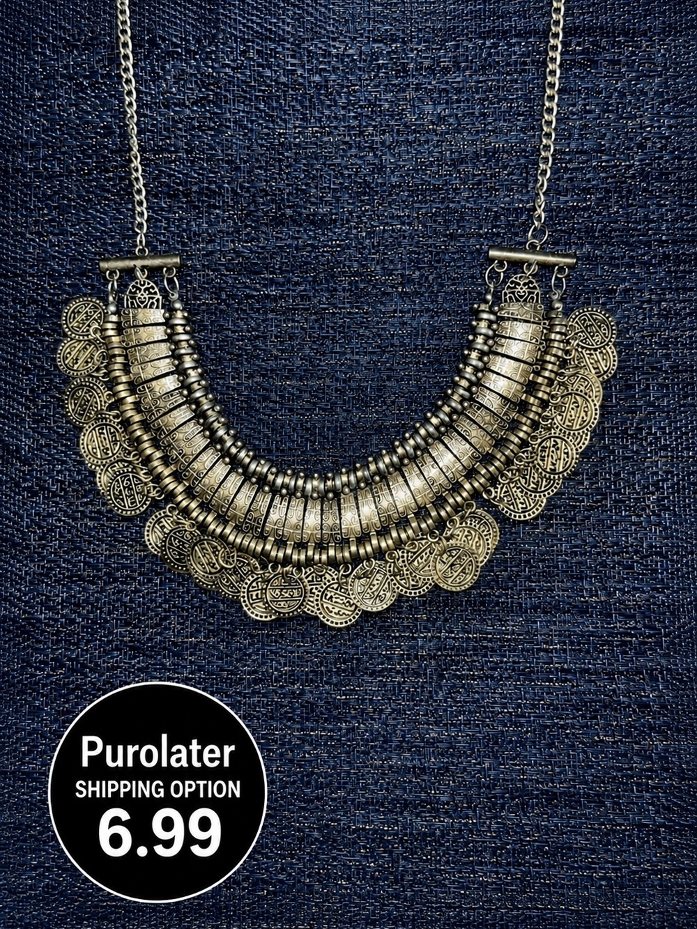 Antique Style Silver-Tone Layered Coin Statement Bib Necklace